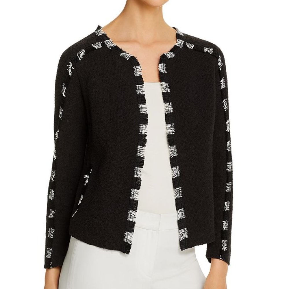 NIC + ZOE Black Fringe-Trim Knit Open Jacket
